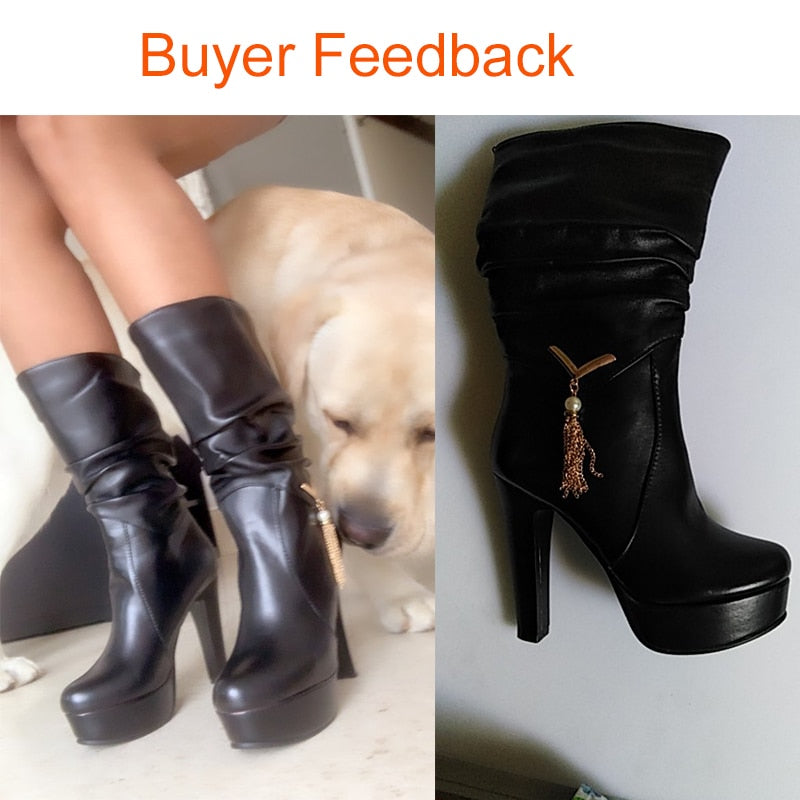 Black Pleated mid-calf Boots High Heels Shoes