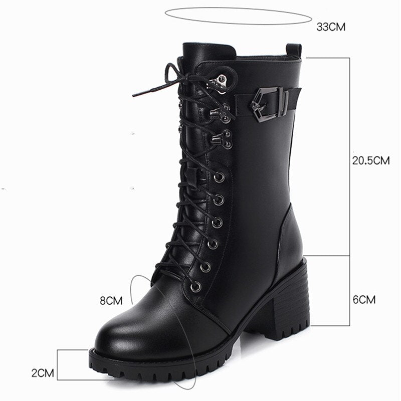 Genuine Leather High-heeled Large Size Motorcycle Boots Women New Wool Warm Winter Boots for Women