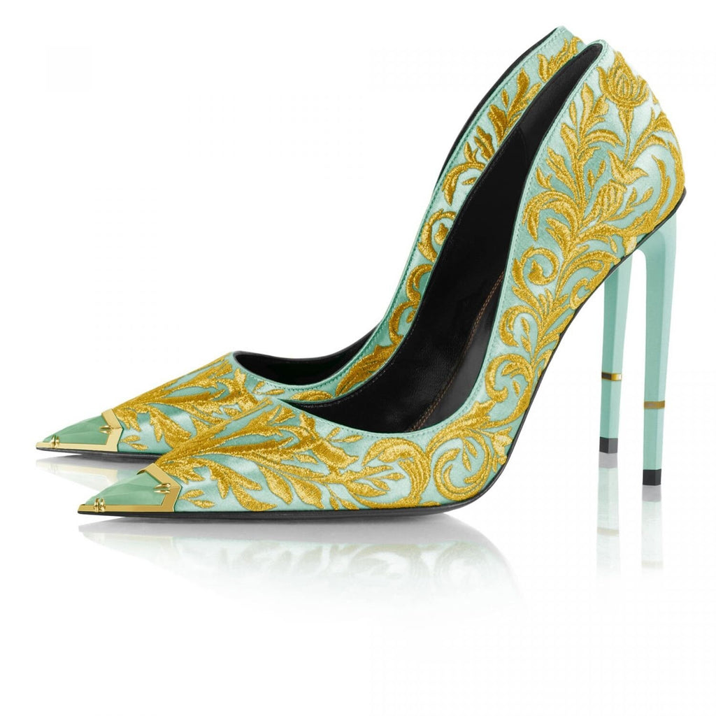 Silk Embroidered Pointed Toe High Heels Pumps