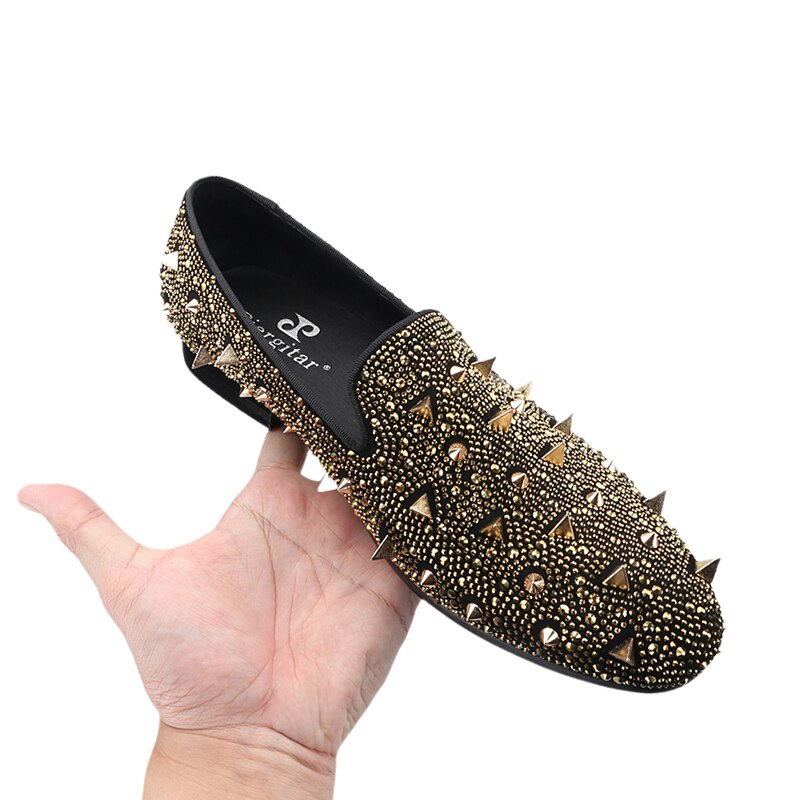 Gold Crystals And Studs Mens Loafers Handmade Slip-On Moccasin Shoes
