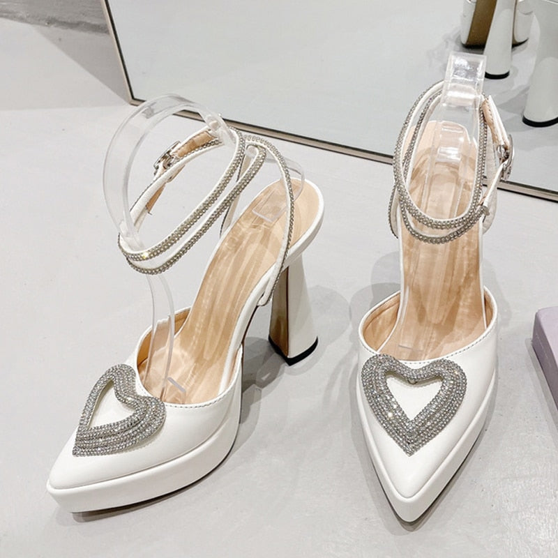 2023 Spring Summer Rhinestone High Heels Crystal Heart Shape Buckle Pointed Toe Shoes Platform Pumps Sandals