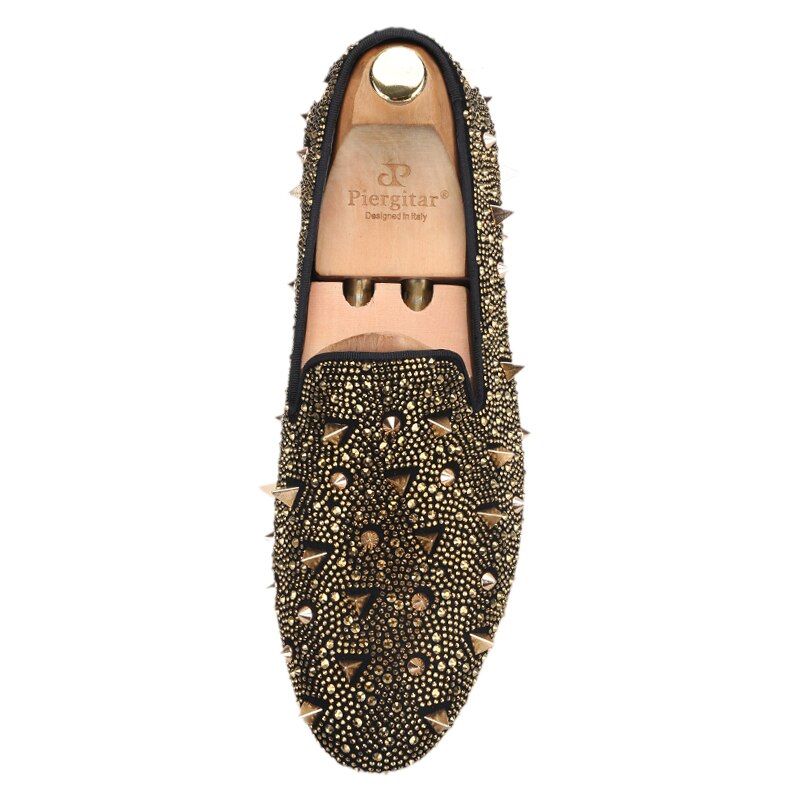 Gold Crystals And Studs Mens Loafers Handmade Slip-On Moccasin Shoes