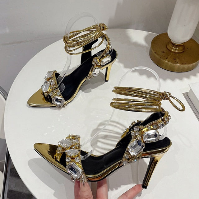 Golden Heels High Quality Crystal Diamond Pointed Toe Sandals