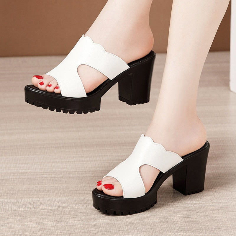 Block Heel Platform Slippers New High Heels Ladies OfficeSandals