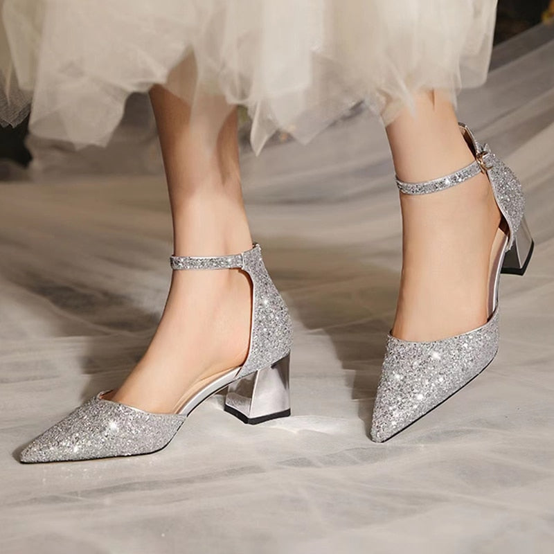 Gold Silver Sequins High Heels Pumps Ankle Straps Wedding Shoe