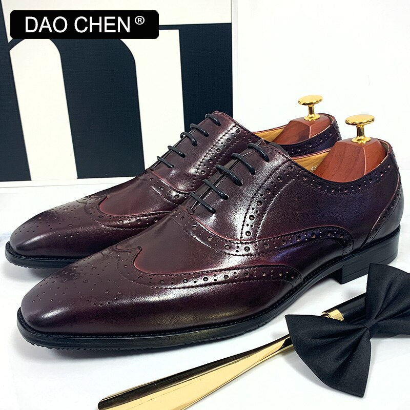 BURGUNDY BROGUES WING TIP WEDDING OFFICE FORMAL LEATHER SHOES