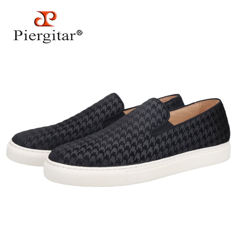 Houndstooth Embossed Velvet Men Sneakers Increase White Soles Handcrafted Men&#39;s Casual Shoes BreathableLeather Insole