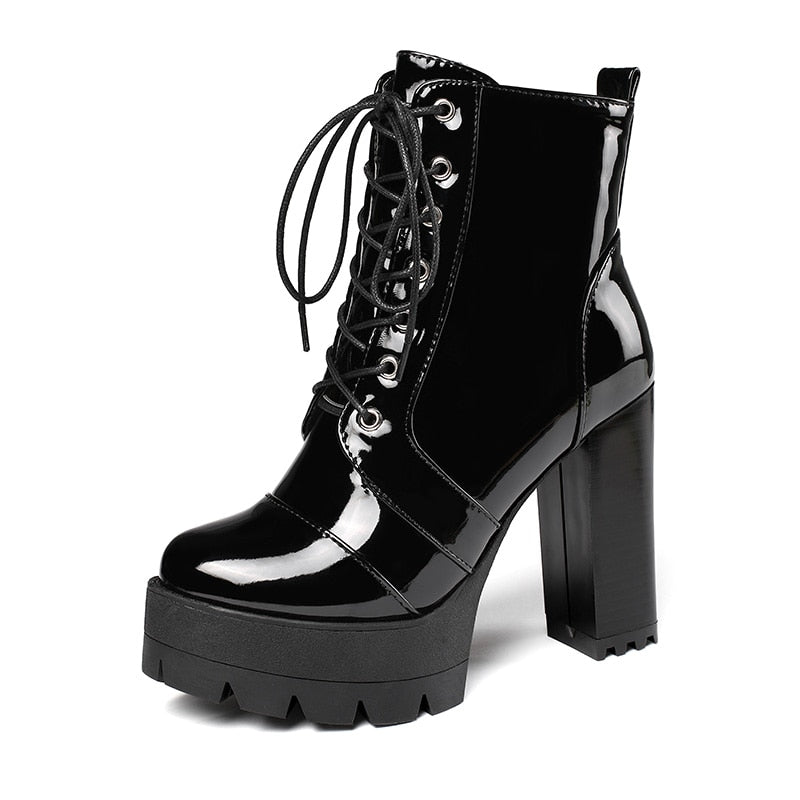 2021 Thick High Heeled Female Patent Leather Ankle Boots Round Toe Lace-up Zipper Women Short Boots Gothic Women Shoes