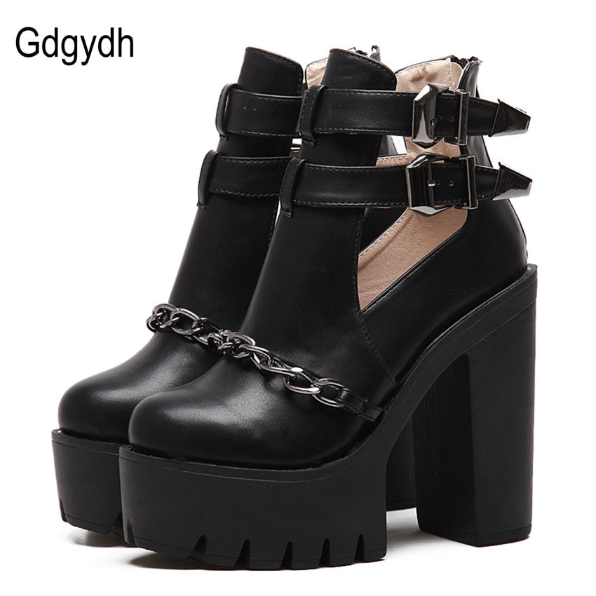 Ankle Boots for Women High Heels Casual Cut-outs Buckle Round Toe Chain Thick Heels Platform Shoes