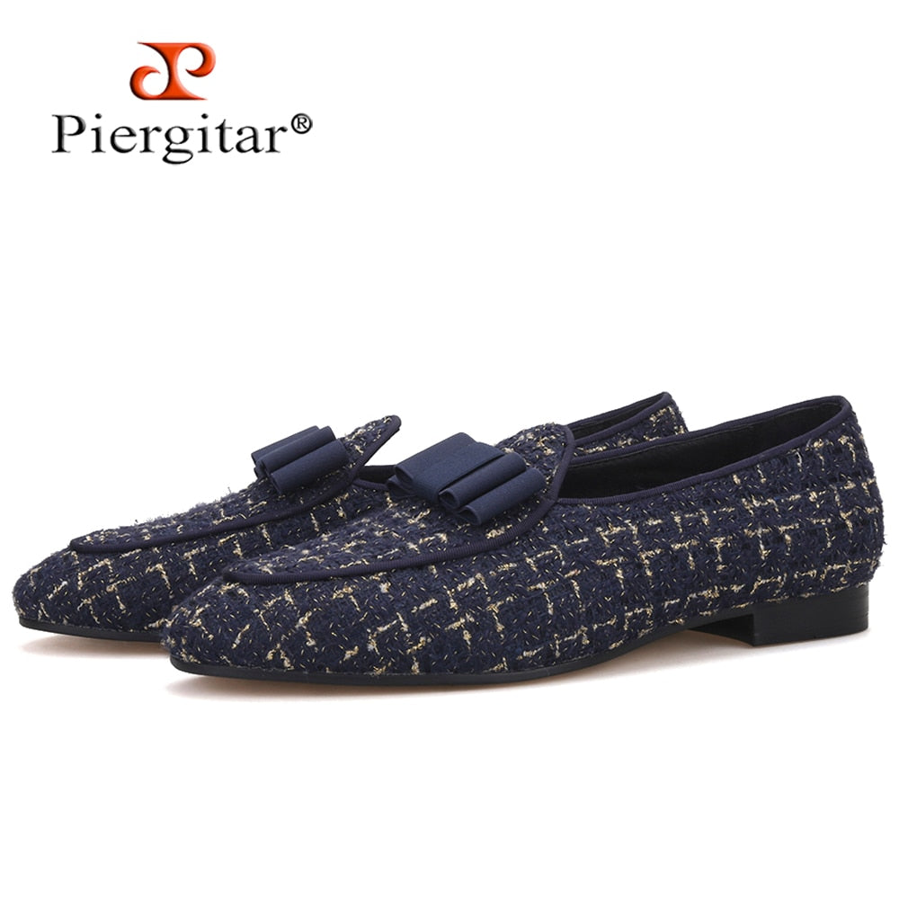 New Multi-Color Blend Cotton Jacquard Men Belgian Loafers Handcrafted Bowtie Design Slip-On