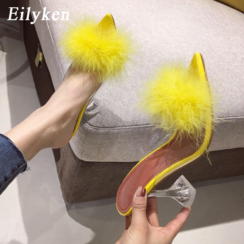 Transparent Feather High Heels Fur Slippers Woman Peep Toe Mules Lady Pumps Slides White Shoes