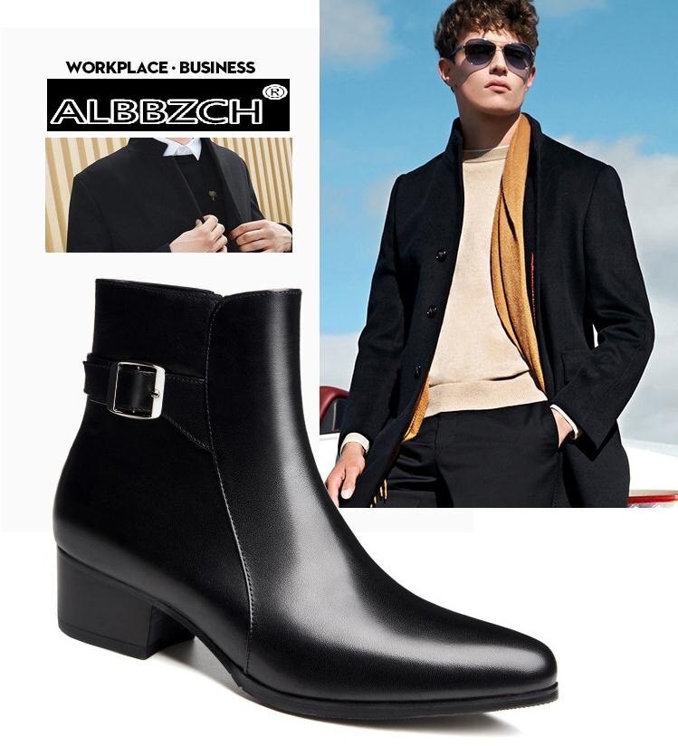 Autumn Winter Mens High Heel Genuine Leather Mid Boots Men Pointed Toe Zip Trendy Buckle 5cm Height increase Warm Chelsea Boots