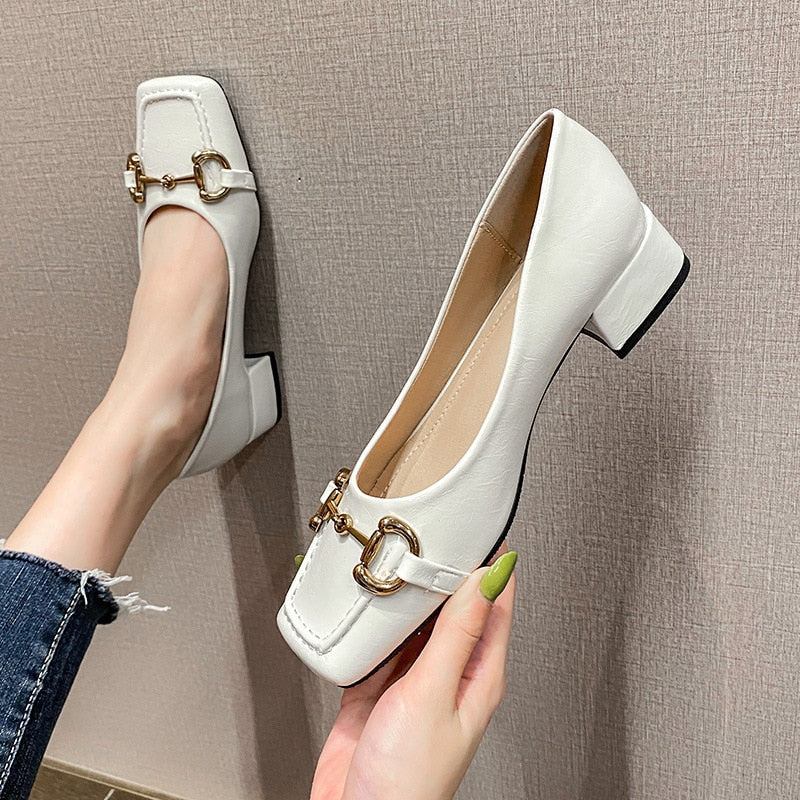 Fashion Thick Heel Square Toe Metal Shallow Mouth Mary Jane Shoes