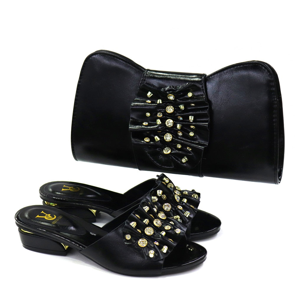 Italian Design Fashion African Women&#39;s Low Heel Comfortable Shoes and Bags Set Leather Casual Ladies Slippers