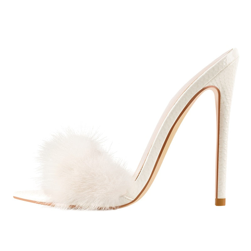 Peep Toe Mules Artificial Fur Slip On Gold White Thin High Sandals Big Size High Quality Summer Women Brand Sandals