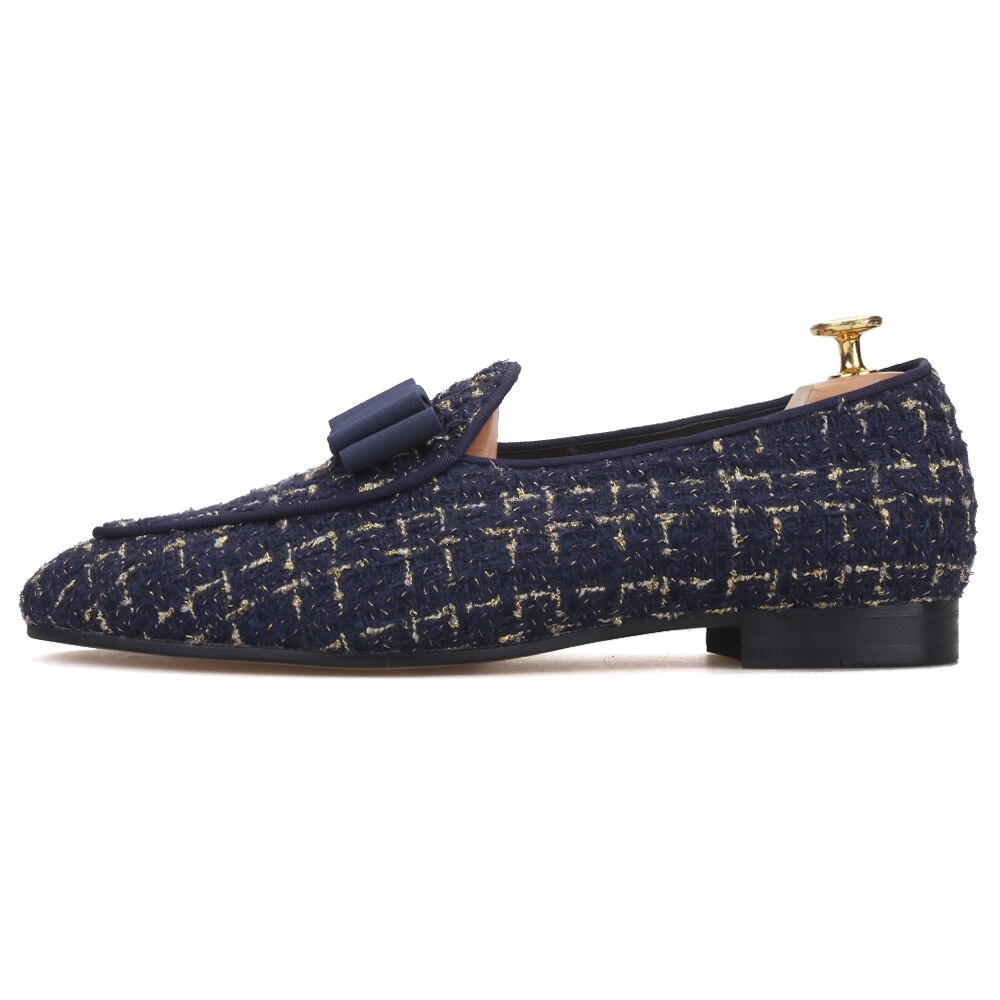 New Multi-Color Blend Cotton Jacquard Men Belgian Loafers Handcrafted Bowtie Design Slip-On