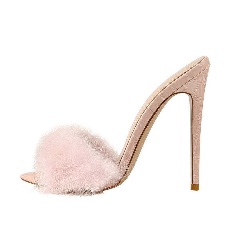 Peep Toe Mules Artificial Fur Slip On Gold White Thin High Sandals Big Size High Quality Summer Women Brand Sandals