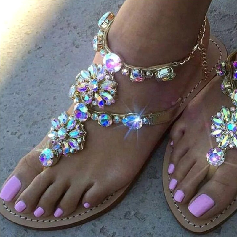Woman Sandals 2021 Women Shoes Rhinestones ChainsGladiator Flat Sandals Crystal Chaussure Plus Size 42