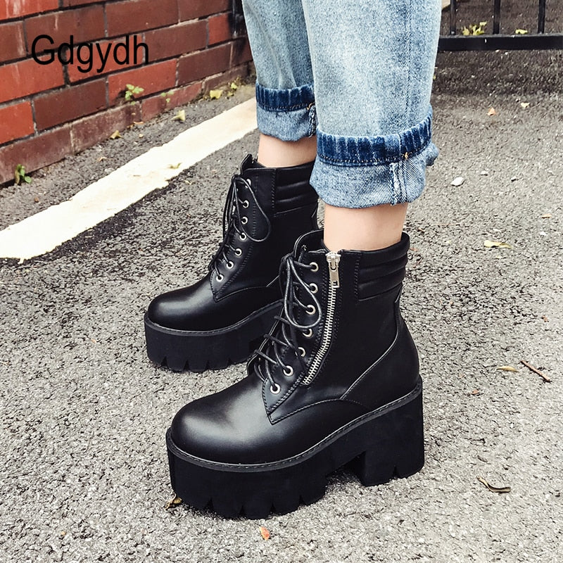 Autumn Ankle Boots For Women Motorcycle Boots Chunky Heels Casual Lacing Round Toe Platform Boots Shoes Female