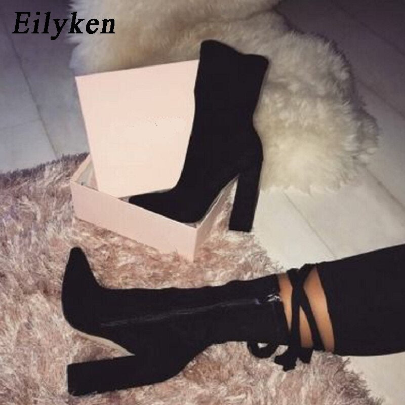 New Flock Ankle Boots Pointed Toe Heel Zipper