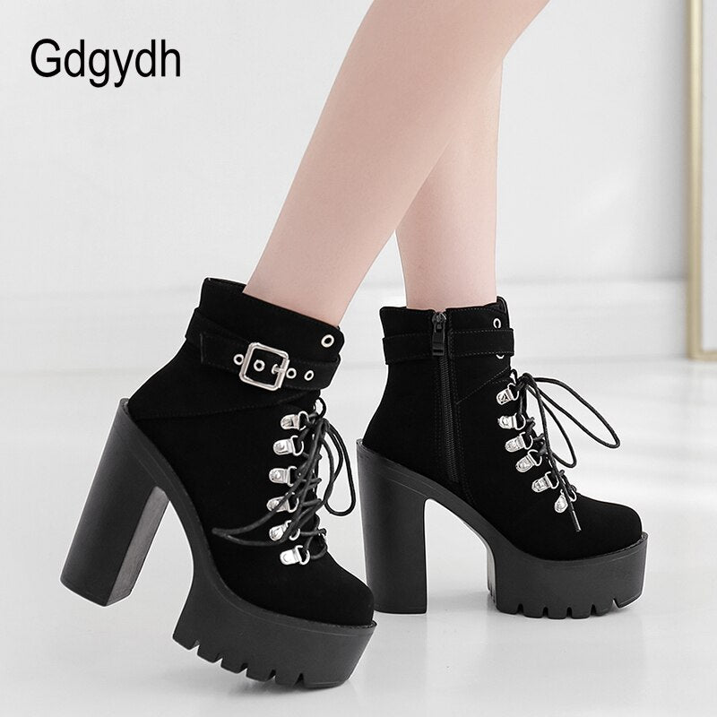 Lace Up Women Boots Platform Buckle Boot Winter Shoes Thick Heel Boots With Zipper Ankle Strap Black Suede Gothic