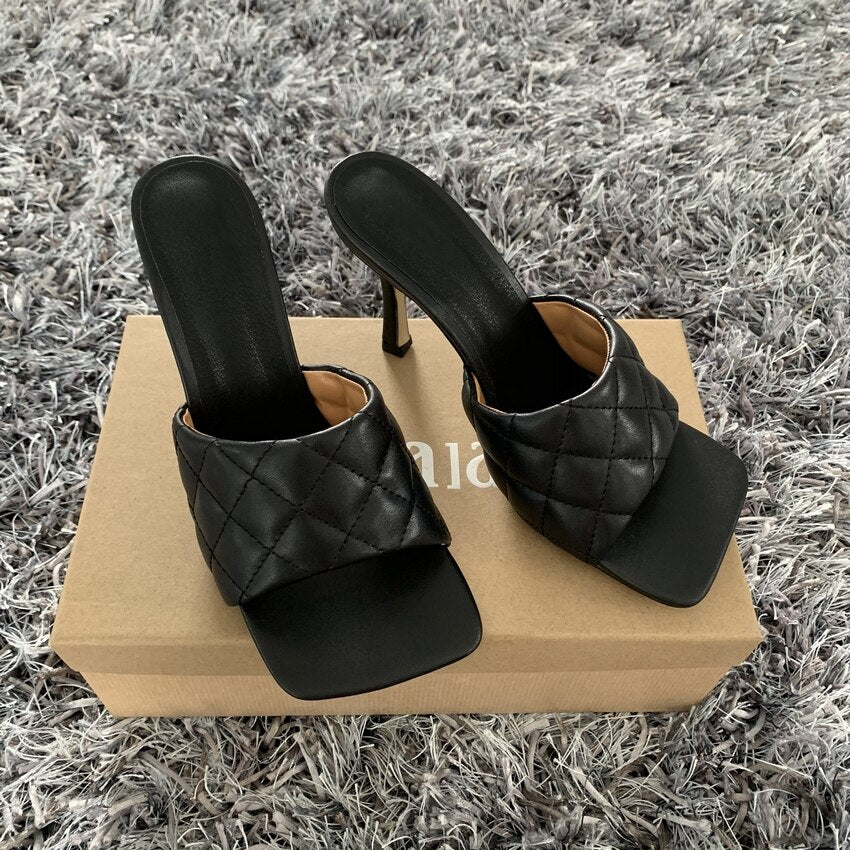 Square Toe Sandals Ladies Pu Leather Plaid Outside Thin High Heels Slippers Female Fashion Woman Shoes