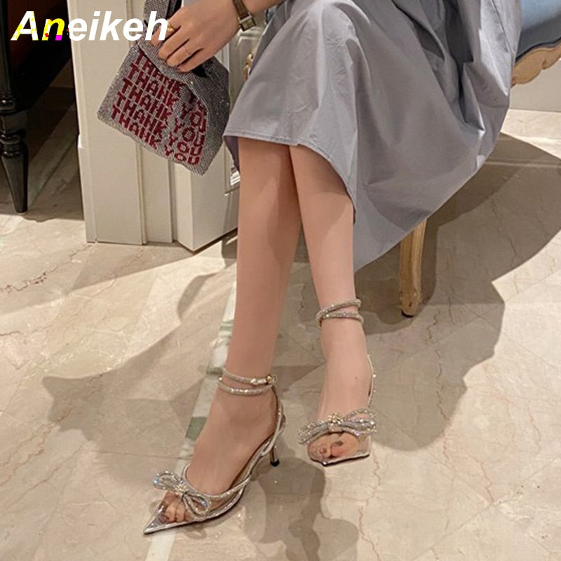 Fashion Butterfly-Knot Narrow Band Bling Patchwork Cross-Tied Crystal Pointed Toe Pumps