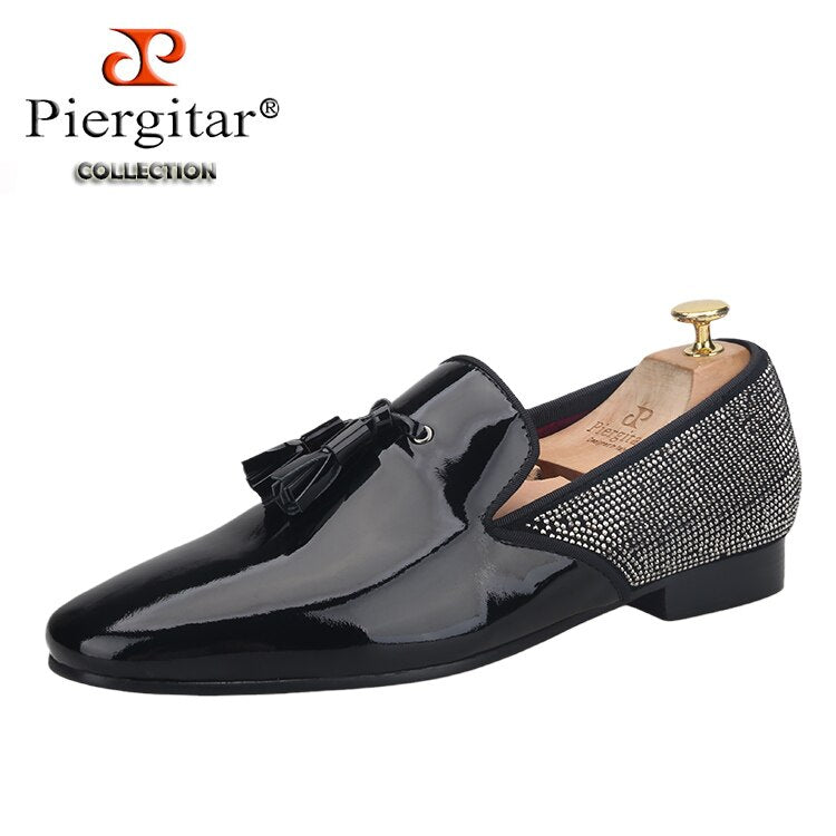 Handmade Black Loafers Classic Stitching Rhinestone Men Flats