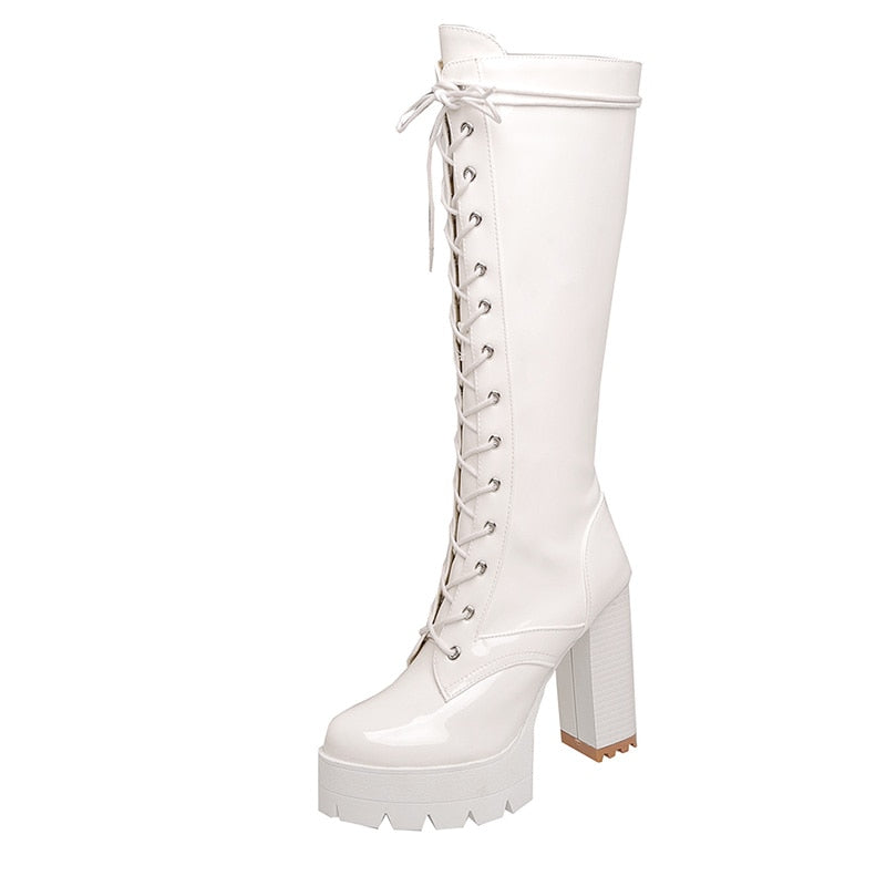 Patent Leather White Knee High Boots Lace Up Ladies Platform Boots High Heels Shoes
