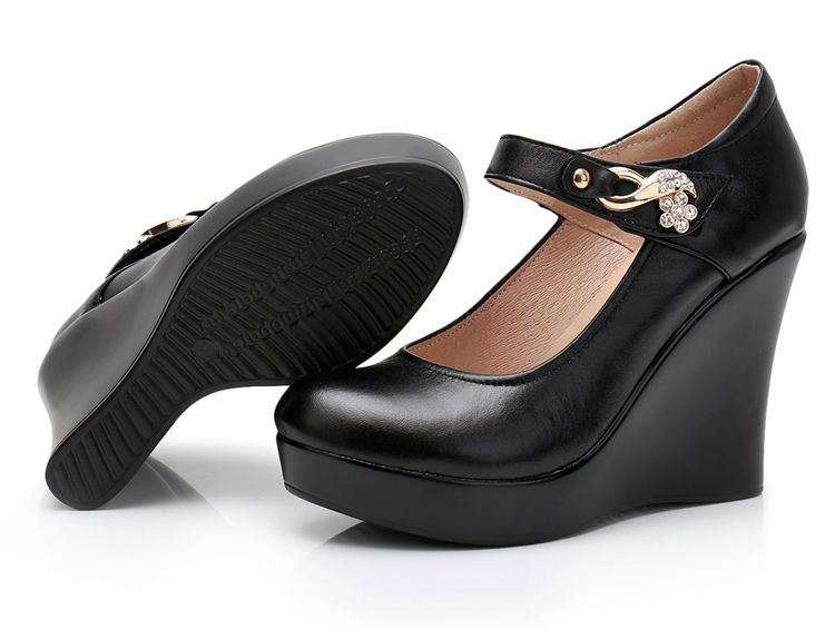 Spring Autumn Genuine Leather Women&#39;s Fashion High Heels Pumps Wedges Black Color Female Platform Shoes Large size