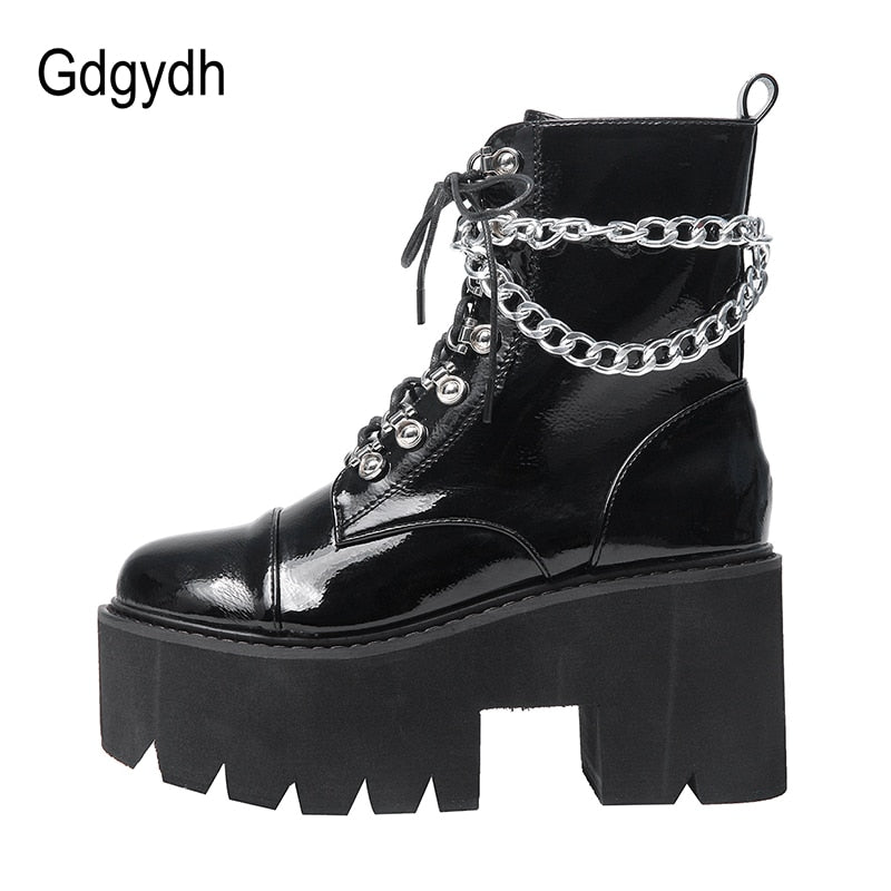 Black Boots  Chunky Heel Platform Boots Female Punk Style Ankle Boots Zipper