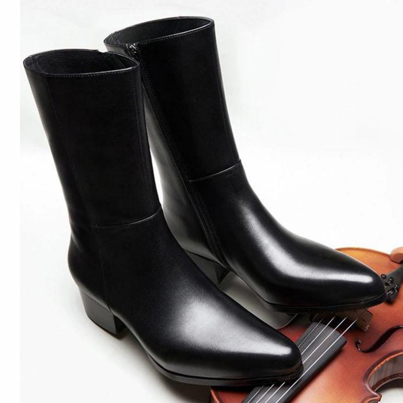 Autumn Winter Mens Genuine Leather Mid Boots Pointed Toe High Heel Zip 5cm Height Increase Warm Chelsea Boots Big Yards 45 46