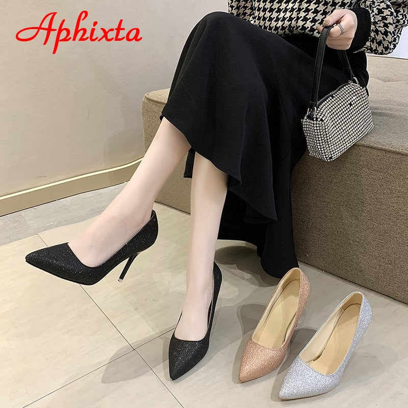 Thin Heels Pointed Toe Pumps Women Sequined Leather Shoes Dress Casual Wedding Party Super Plus Size 50