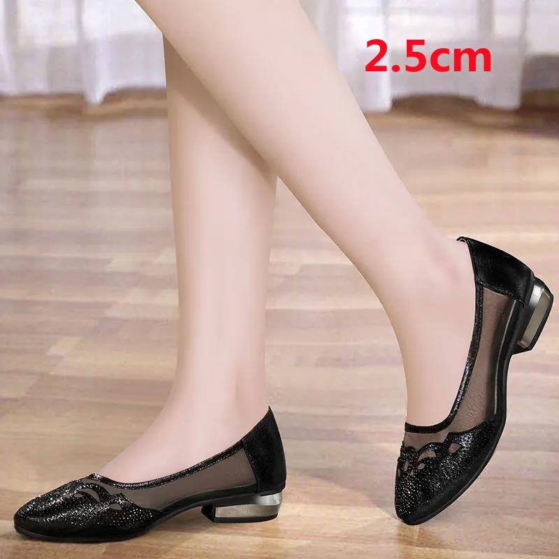 Women Fashion Black Mesh Breathable Square Heel Shoes Lady Golden Comfort Autumn Style Heels A9399