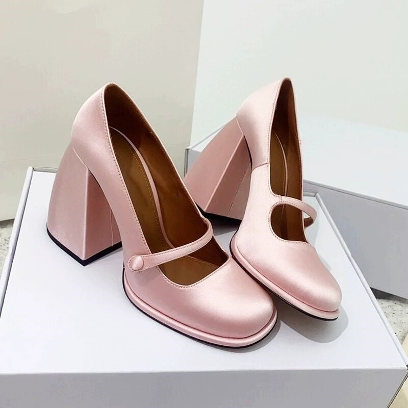 Classic Mary Janes soft leather pumps thick high heels pumps