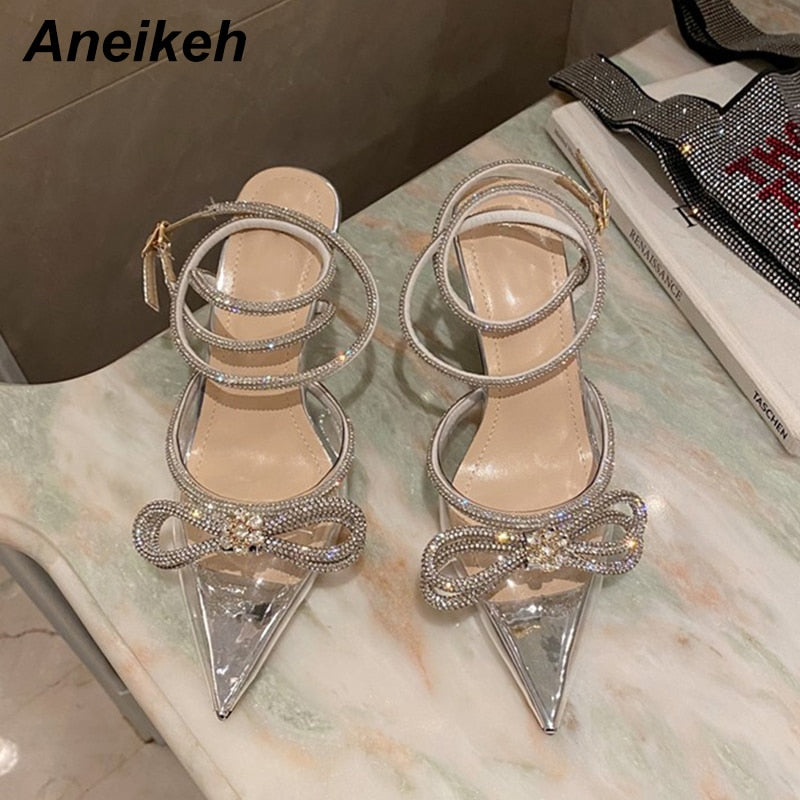 Fashion Butterfly-Knot Narrow Band Bling Patchwork Cross-Tied Crystal Pointed Toe Pumps