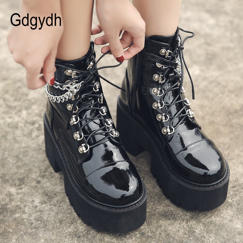 Black Boots  Chunky Heel Platform Boots Female Punk Style Ankle Boots Zipper