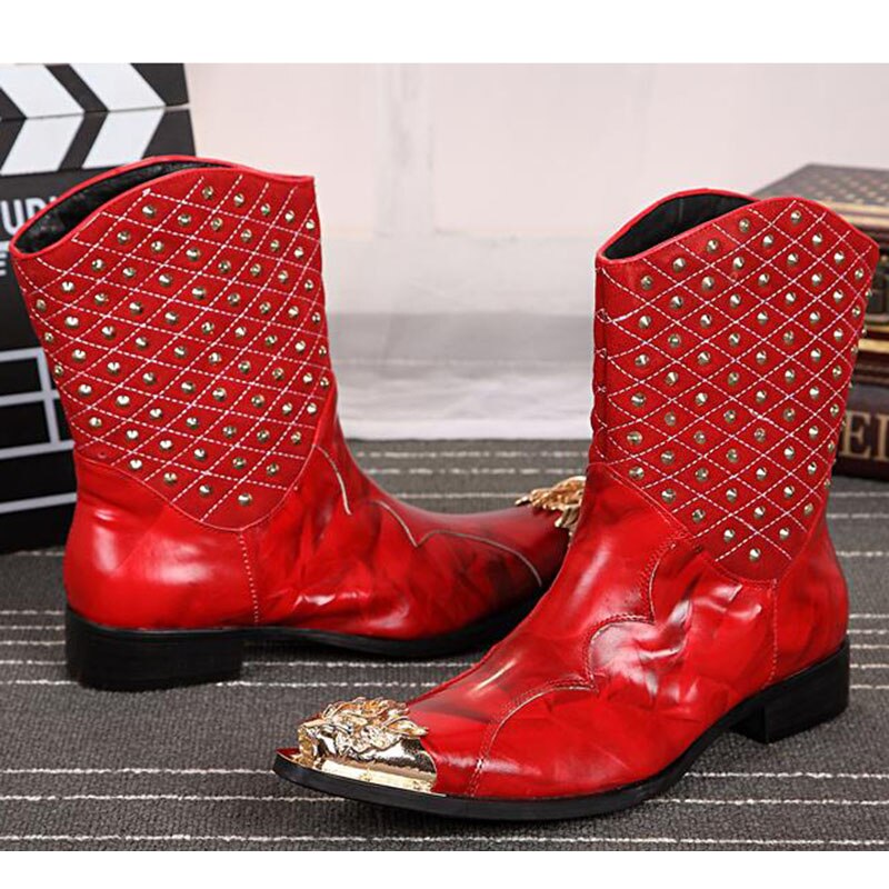 Mens Red Leather Boots Pointed Iron Toe Rivet Mid Calf Motor cycle Boot