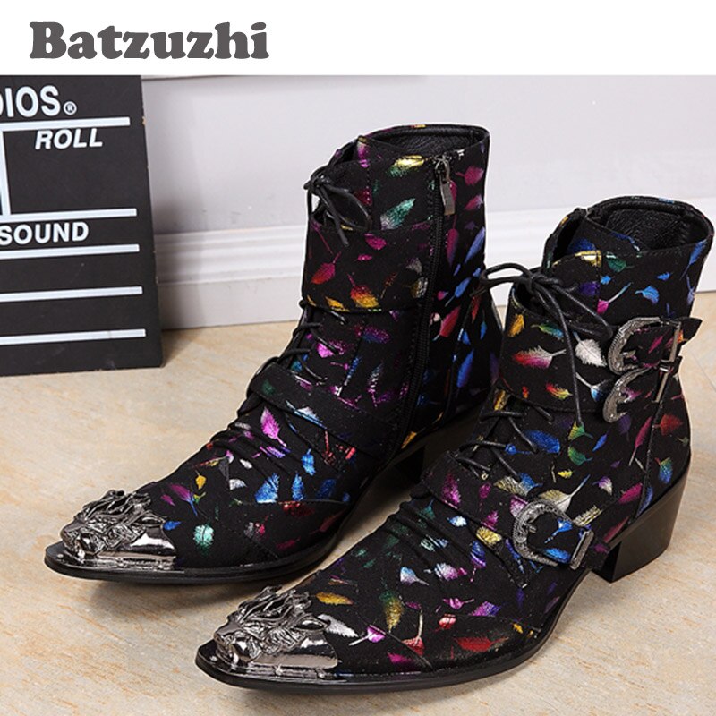 Mid-Calf Motorcycle Boots Men Western Men Boots Stylist Pointed Iron Toe Punk Rock Party Boots