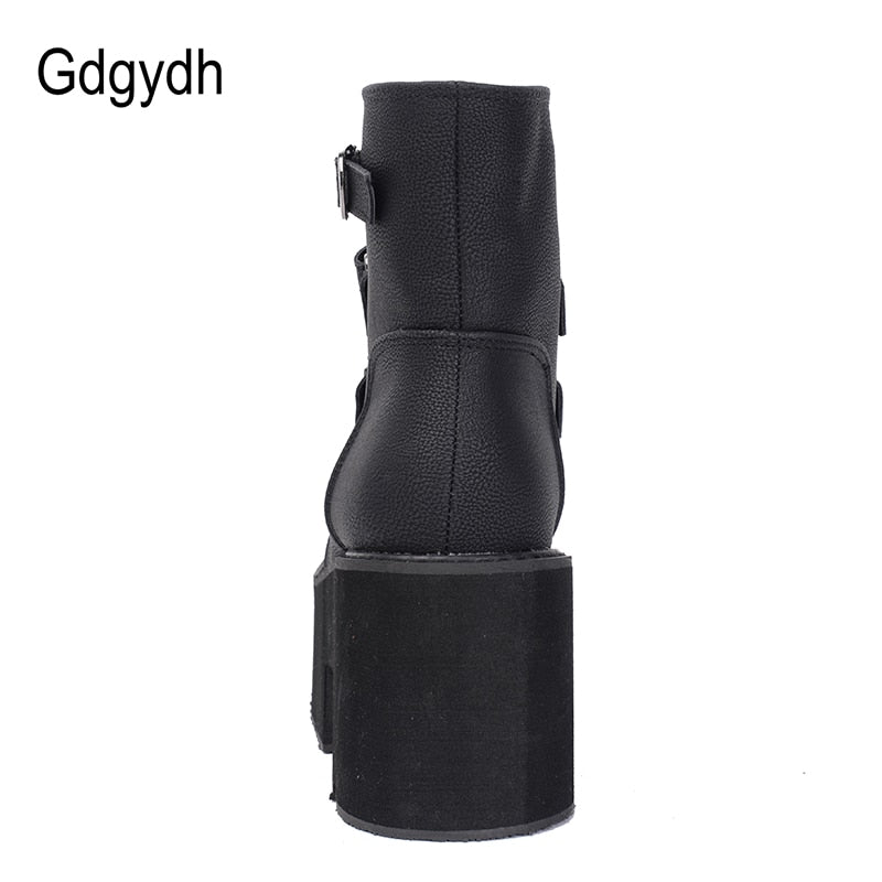Women Platform Boots Rubber Sole Buckle Black Leather PU High Heels Shoes Woman Comfortable