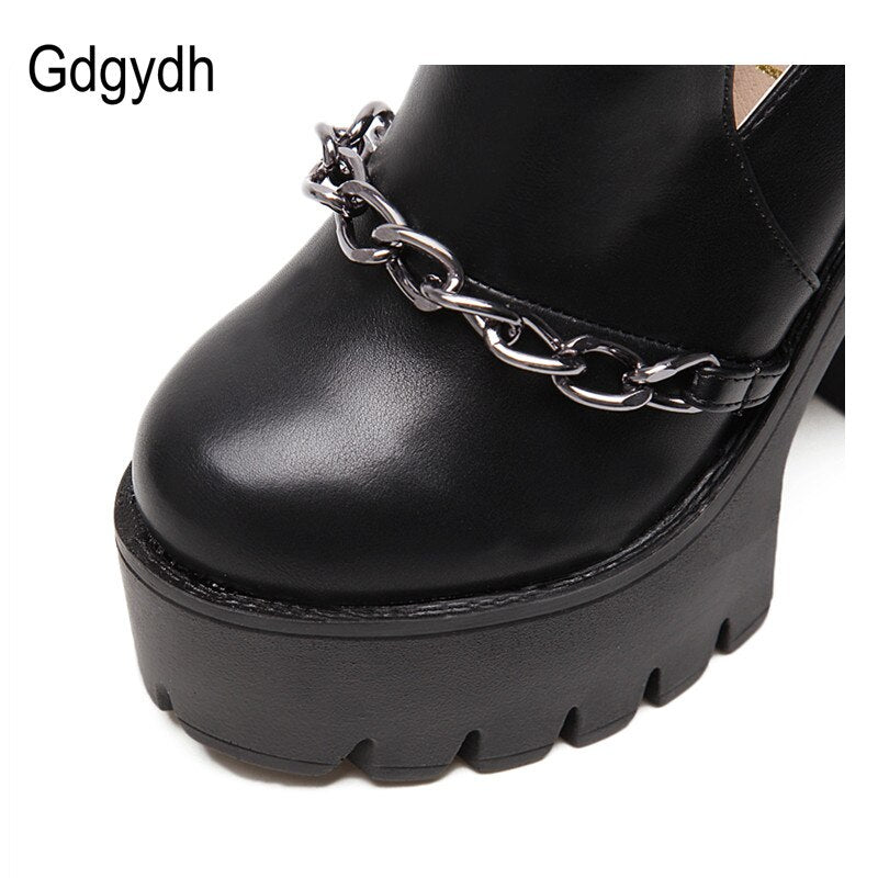 Ankle Boots for Women High Heels Casual Cut-outs Buckle Round Toe Chain Thick Heels Platform Shoes