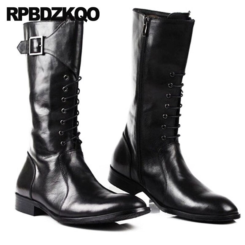 Shoes Motorcycle Fall Black Riding Lace Up Mid Calf British Style Pointed Toe Zipper Metalic Mens Leather Tall Boots Men Chunky
