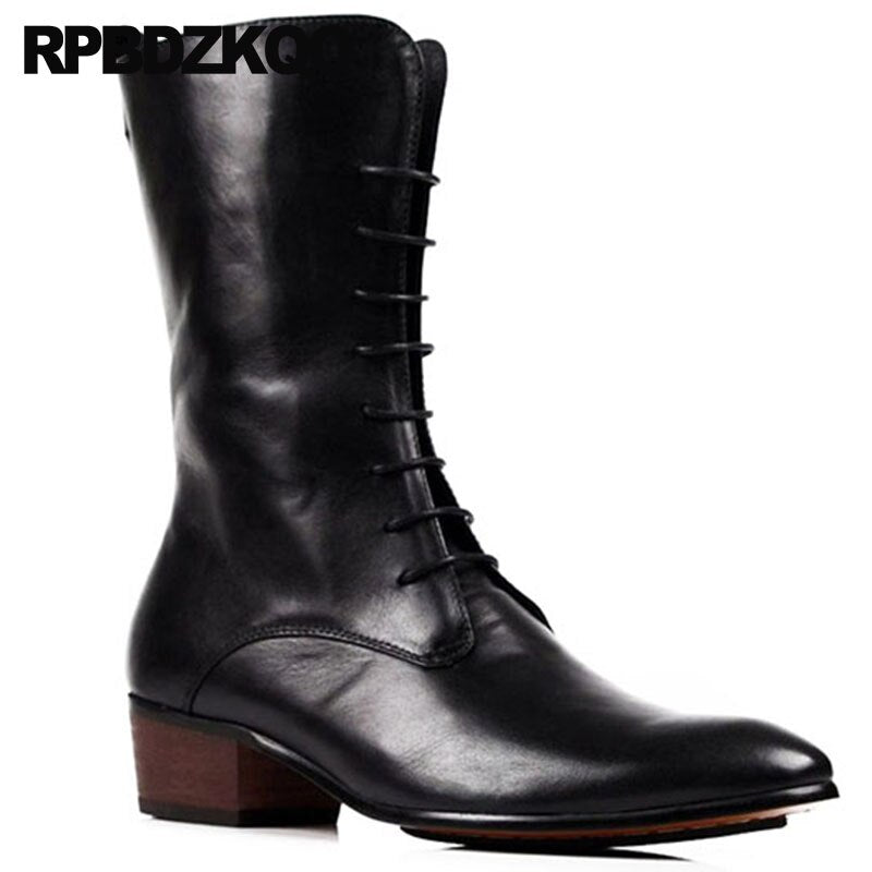 Shoes Motorcycle Fall Black Riding Lace Up Mid Calf British Style Pointed Toe Zipper Metalic Mens Leather Tall Boots Men Chunky