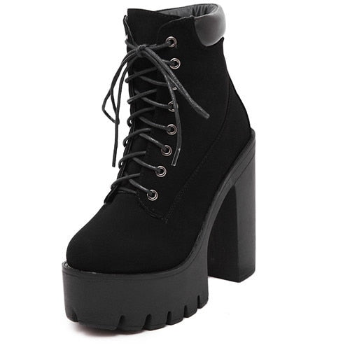 Platform Ankle Boots Women Lace Up Thick Heel Platform Boots Ladies Worker Boots