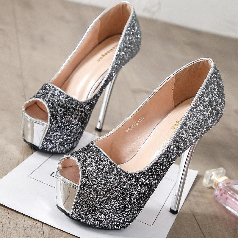 Office Shoes Peep Toe Square heel Slip On Sequined High Heels
