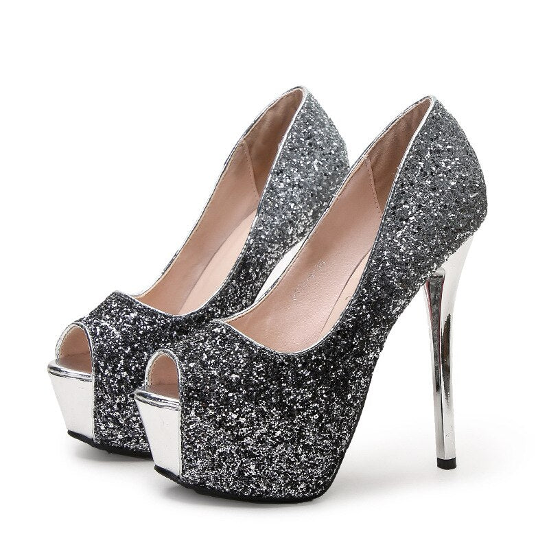 Office Shoes Peep Toe Square heel Slip On Sequined High Heels