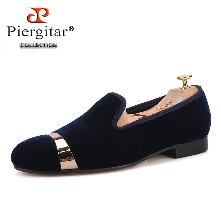 Handmade men navy velvet shoes with gold metal wedding and banquet male loafers