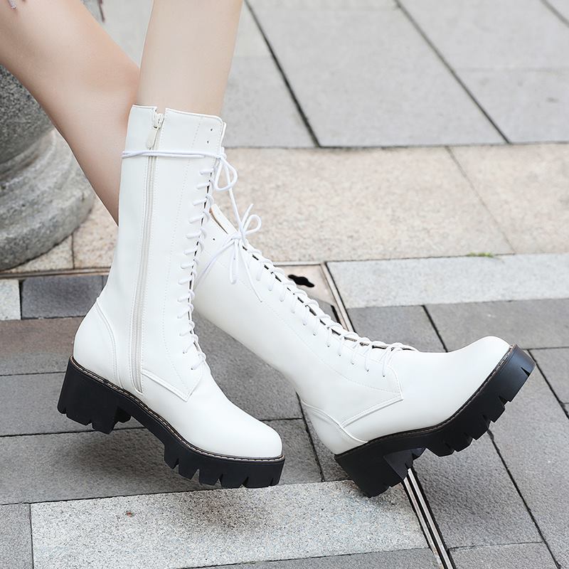 Mid calf boots lace up platform boots round toe autumn winter