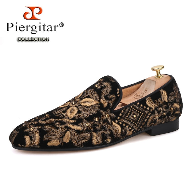 Handmade Men Loafers With Full Gold Embroidery Slip-on Fashion party and wedding men dress shoes smoking slippers