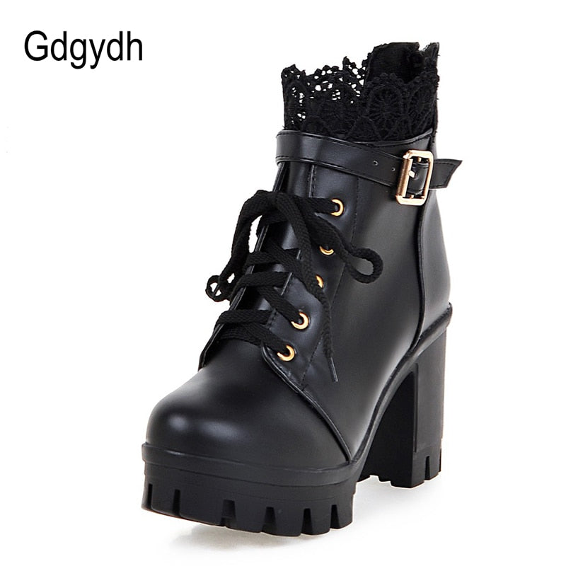 Lace Ankle Boots Thick High Heels Women Boots Sexy Lacing Round Toe Platform Ladies Shoes Large Sizes 34-43